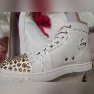 🔥CHRISTIAN LOUBOUTIN Rare Men White Studded High-Top Sneakers size 10.5 US